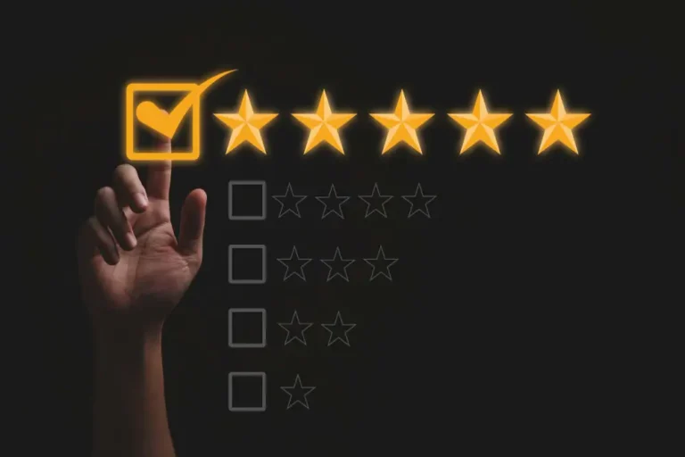 hand touching doing mark five yellow stars black background best customer satisfaction evaluation good quality product service