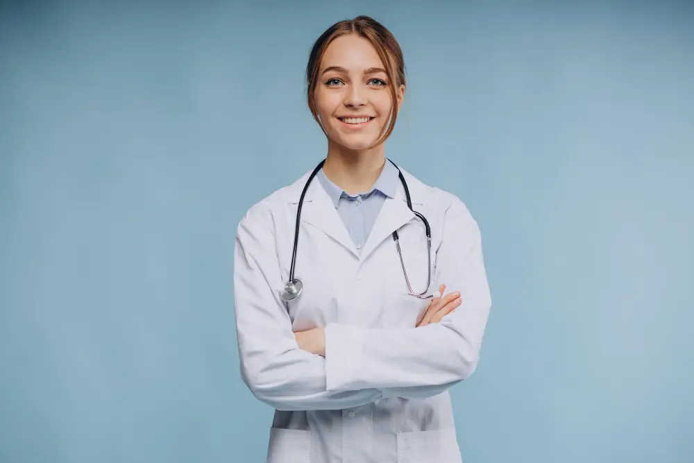woman doctor wearing lab coat with stethoscope isolated