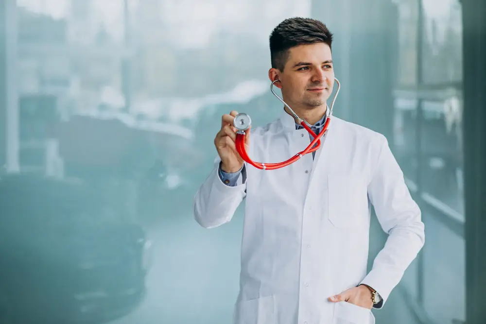 young handsome physician medical robe with stethoscope